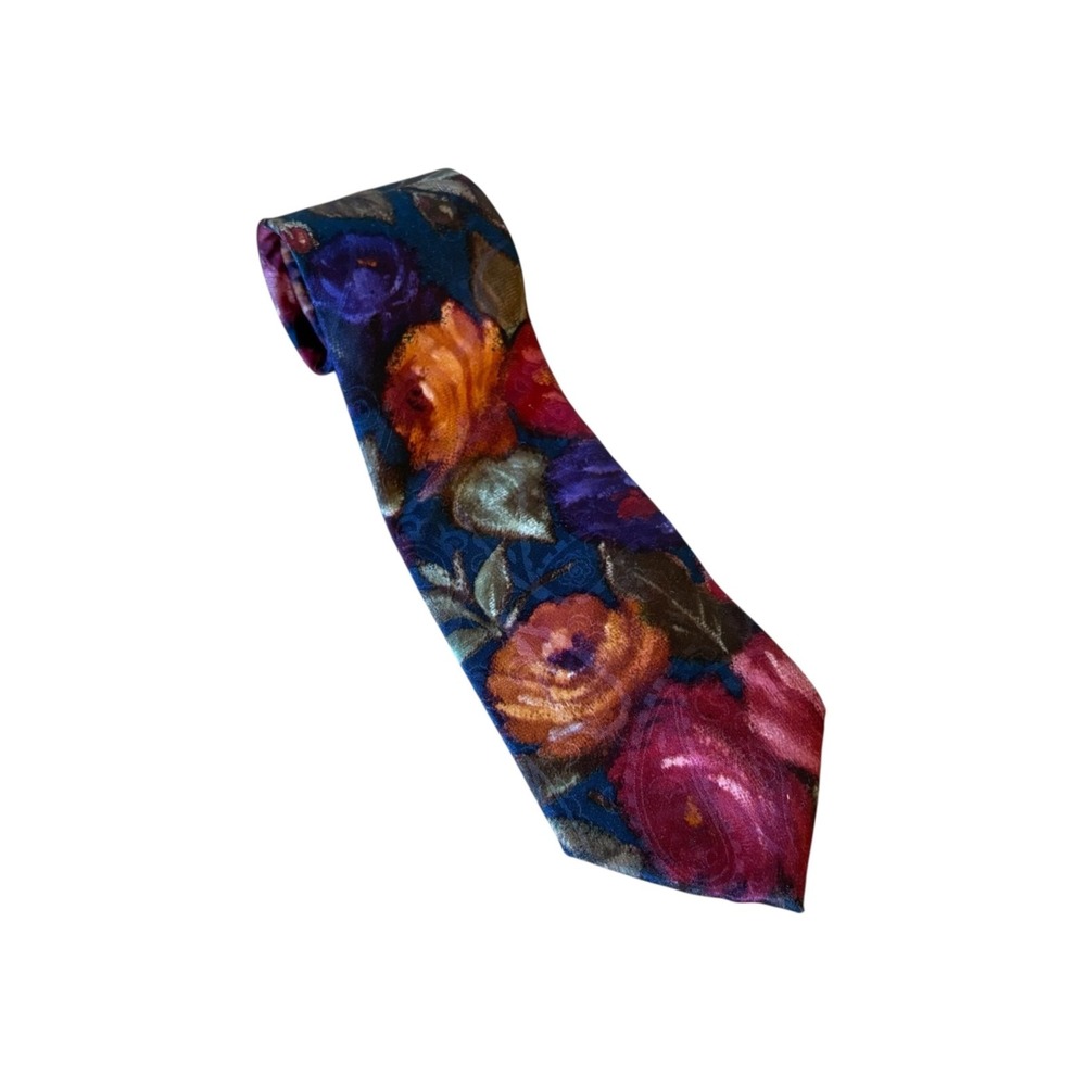 Vintage‎ 90s Wembley Floral Tie 3.75" Wide Roses Made USA Preppy Academia